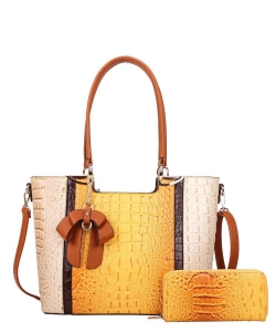 2 in 1 Ribbon Accent Alligator Satchel Wallet Set CY-8632W YELLOW